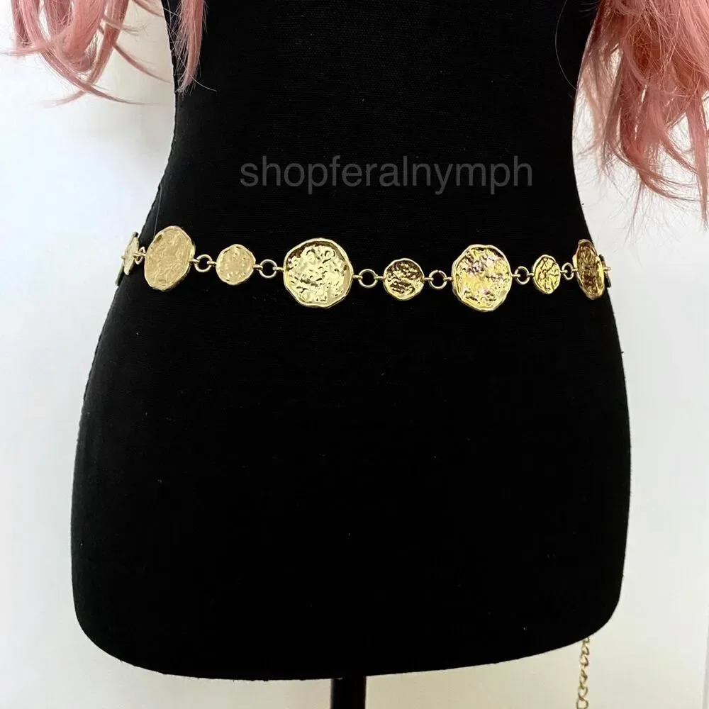 Gold Y2K Hammered Coin Disc Boho Chain Belt, Fits 25-44 Inches, X7GA1272